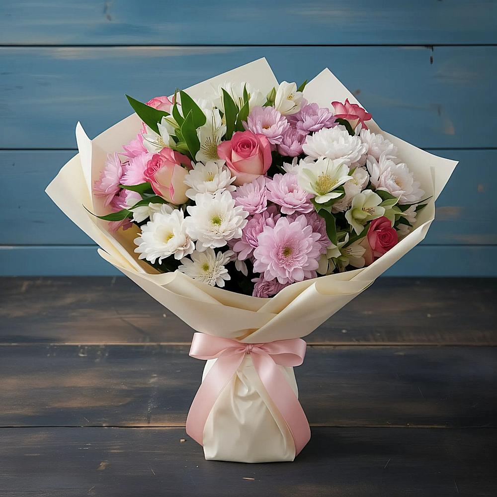 Букет цветов из: Хризантемы, Альстромерии и Розы в Железногорске